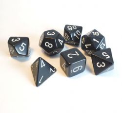 ENSEMBLE DE 7 DÉS POLYÉDRIQUES OPAQUES NOIR AVEC CHIFFRES BLANCS